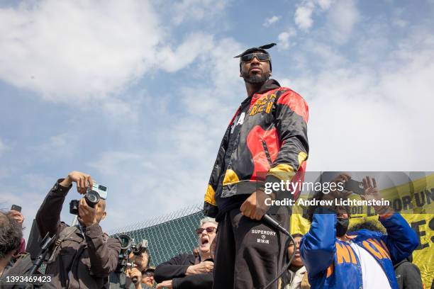 Amazon labor organizer Chris Smalls leads a rally on the eve of the union election for the LDJ5 Amazon Sort Center on April 24, 2022 in Staten...