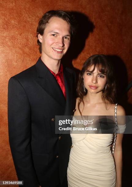 Ansel Elgort and Violetta Komyshan pose at the opening night of the musical "Funny Girl" on Broadway at The August Wilson Theatre on April 24, 2022...