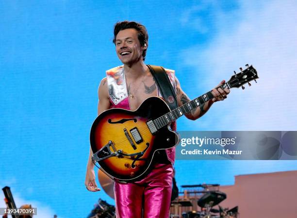 Harry Styles performs on the Coachella stage during the 2022 Coachella Valley Music And Arts Festival on April 22, 2022 in Indio, California.