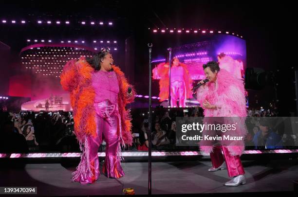 Lizzo and Harry Styles perform on the Coachella stage during the 2022 Coachella Valley Music And Arts Festival on April 22, 2022 in Indio, California.