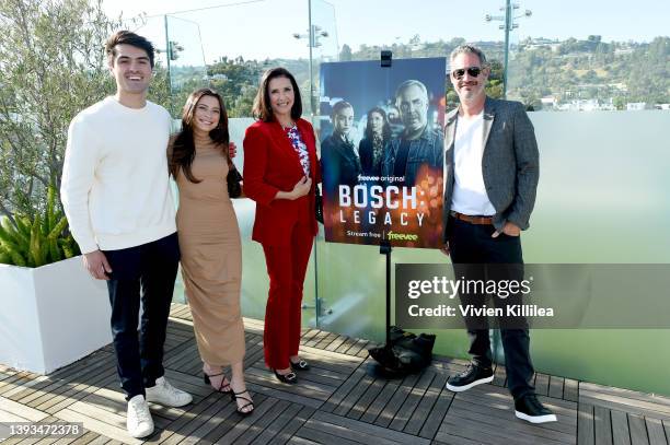 Matthew Lawford, Lucy Julia Rogers-Ciaffa, Mimi Rogers, and Jason Shapiro attend the Amazon Freevee Premiere Event For "Bosch: Legacy" at The London...