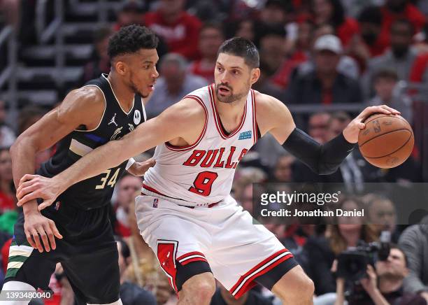 Nikola Vucevic of the Chicago Bulls moves against Giannis Antetokounmpo of the Milwaukee Bucks during Game Four of the Eastern Conference First Round...