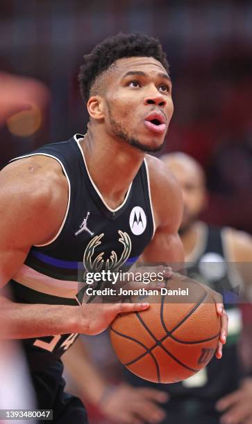 Giannis Antetokounmpo of the Milwaukee Bucks shoots a free throw against the Chicago Bulls during Game Four of the Eastern Conference First Round...