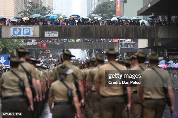 Members of the Australian Defence Forces march during an Anzac Day parade on April 25, 2022 in Brisbane, Australia. Anzac day is a national holiday...
