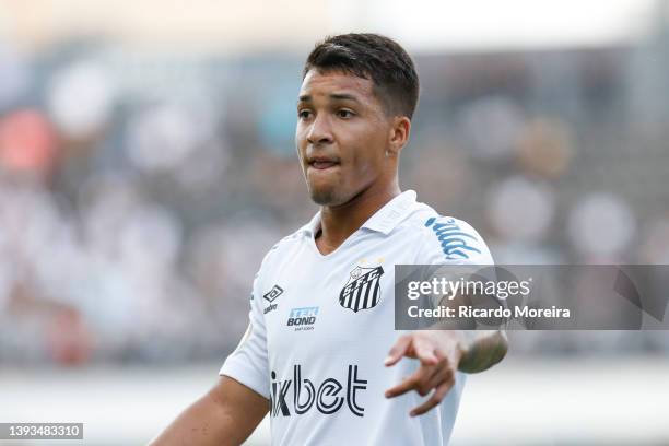 Marcos Leonardo of Santos during the match between Santos and América MG as part of Brasileirao Series A 2022 at Urbano Caldeira Stadium on April 24,...