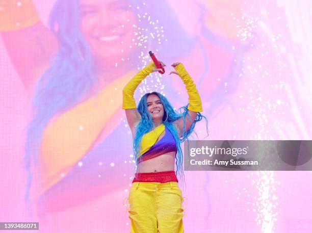 Karol G performs on the Coachella stage during the 2022 Coachella Valley Music And Arts Festival on April 24, 2022 in Indio, California.