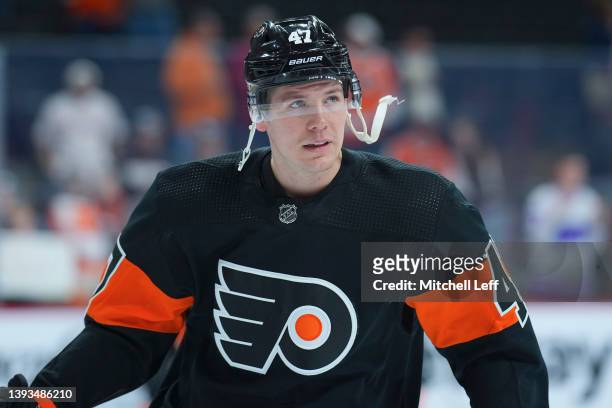 Ronnie Attard of the Philadelphia Flyers looks on prior to the game against the Pittsburgh Penguins at the Wells Fargo Center on April 24, 2022 in...
