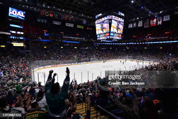 Fans celebrate a first period Columbus Blue Jackets goal during a game against the Ottawa Senators at Nationwide Arena on April 22, 2022 in Columbus,...