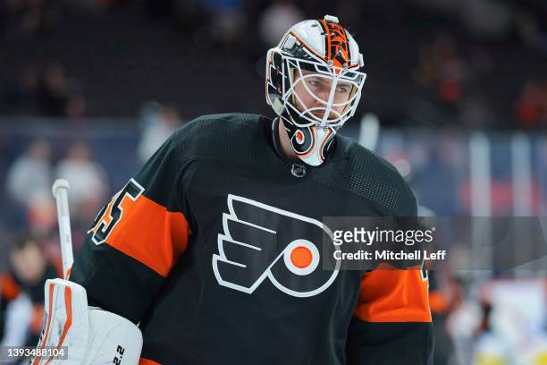 Martin Jones of the Philadelphia Flyers looks on prior to the game against the Pittsburgh Penguins at the Wells Fargo Center on April 24, 2022 in...