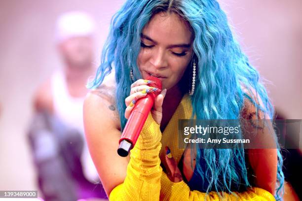 Karol G performs on the Coachella stage during the 2022 Coachella Valley Music And Arts Festival on April 24, 2022 in Indio, California.