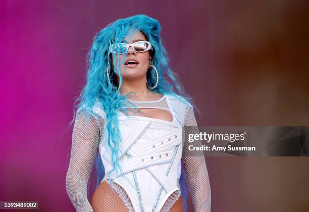 Karol G performs on the Coachella stage during the 2022 Coachella Valley Music And Arts Festival on April 24, 2022 in Indio, California.