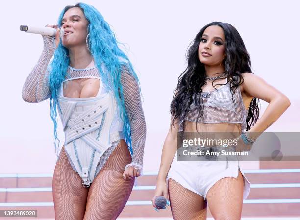 Karol G and Becky G perform on the Coachella stage during the 2022 Coachella Valley Music And Arts Festival on April 24, 2022 in Indio, California.