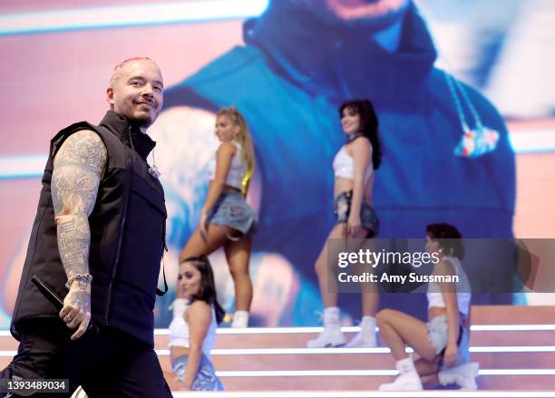 Balvin performs with Karol G on the Coachella stage during the 2022 Coachella Valley Music And Arts Festival on April 24, 2022 in Indio, California.