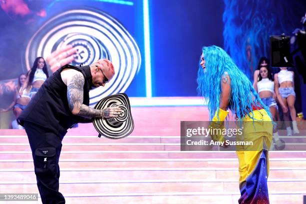 Balvin and Karol G perform on the Coachella stage during the 2022 Coachella Valley Music And Arts Festival on April 24, 2022 in Indio, California.