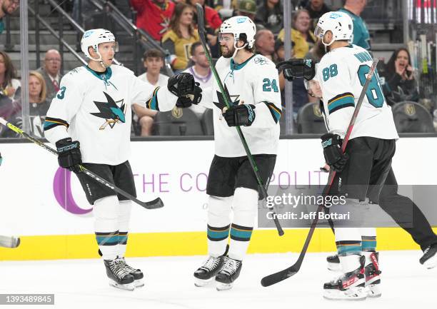 Nick Bonino of the San Jose Sharks celebrates after scoring a goal during the second period of a game against the Vegas Golden Knights at T-Mobile...