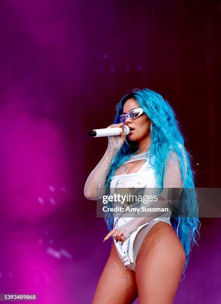 Karol G performs on the Coachella stage during the 2022 Coachella Valley Music And Arts Festival on April 24, 2022 in Indio, California.