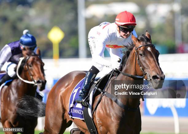 Jamie Kah riding I Am Me winning Race 2, the Auckland Thoroughbred Racing Inc. Trophy, during Anzac Day Race day at Flemington Racecourse on April...