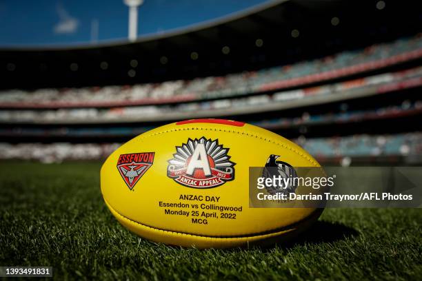 Detail shot of the match ball sitting in front of the Shane Warne Stand before the round six AFL match between the Essendon Bombers and the...