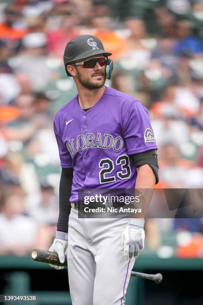 Kris Bryant of the Colorado Rockies looks on after striking out against the Detroit Tigers at Comerica Park on April 24, 2022 in Detroit, Michigan.