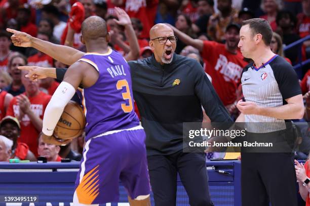 Head coach Monty Williams and Chris Paul of the Phoenix Suns react during the second half of Game Four of the Western Conference First Round against...