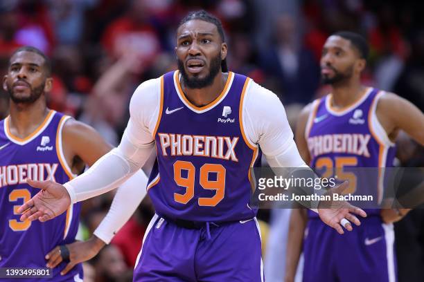 Jae Crowder of the Phoenix Suns reacts during the second half of Game Four of the Western Conference First Round against the New Orleans Pelicans at...