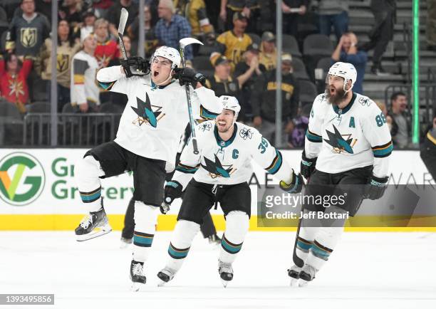 Timo Meier of the San Jose Sharks celebrates after scoring a goal during the third period of a game against the Vegas Golden Knights at T-Mobile...