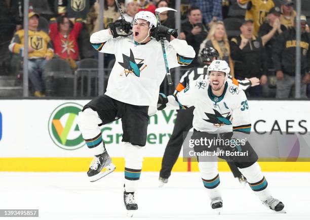 Timo Meier of the San Jose Sharks celebrates after scoring a goal during the third period of a game against the Vegas Golden Knights at T-Mobile...