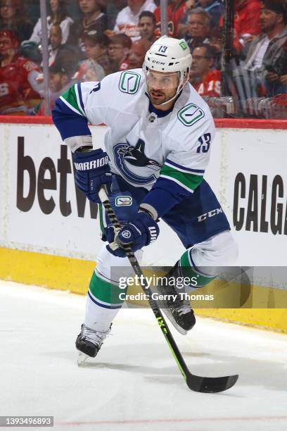 Brad Richardson of the Vancouver Canucks skates up ice against the Calgary Flames at Scotiabank Saddledome on April 23, 2022 in Calgary, Alberta,...