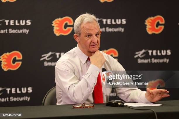 Darryl Sutter head coach of the Calgary Flames speaks to the media after the game against the Vancouver Canucks at Scotiabank Saddledome on April 23,...