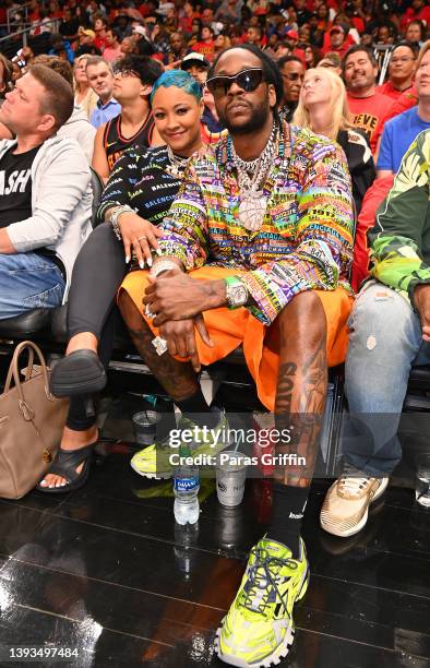 Rapper 2 Chainz and his wife Kesha Epps attend Game Four of the Eastern Conference First Round between the Miami Heat and the Atlanta Hawks at State...