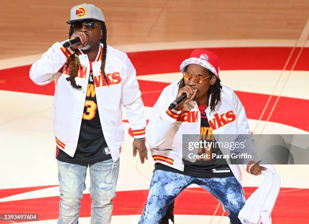 Kaine and D-Roc of the Ying Yang Twins perform during Game Four of the Eastern Conference First Round between the Miami Heat and the Atlanta Hawks at...