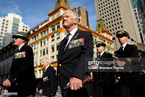 War veterans, defence personnel and war widows make their way down Elizabeth Street during the ANZAC Day parade on April 25, 2022 in Sydney,...