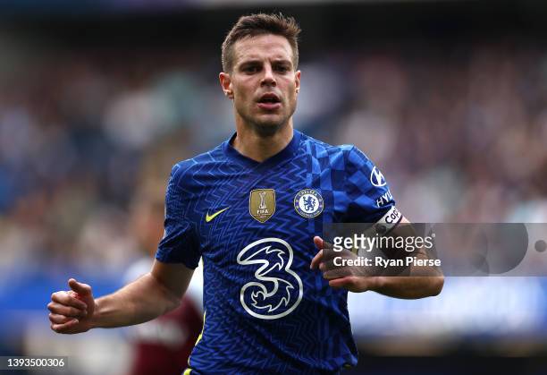 Cesar Azpilicueta of Chelsea looks on during the Premier League match between Chelsea and West Ham United at Stamford Bridge on April 24, 2022 in...