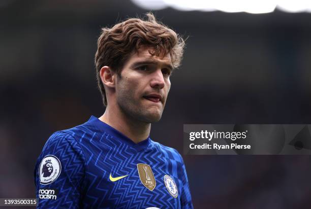 Marcos Alonso of Chelsea looks on during the Premier League match between Chelsea and West Ham United at Stamford Bridge on April 24, 2022 in London,...