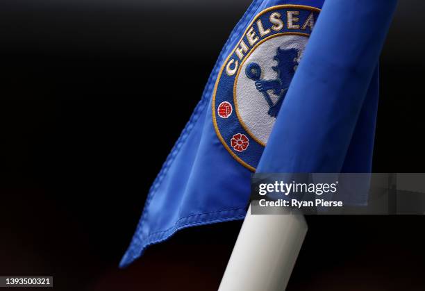 The Chelsea corner flag is seen during the Premier League match between Chelsea and West Ham United at Stamford Bridge on April 24, 2022 in London,...