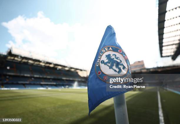 The Chelsea corner flag is seen during the Premier League match between Chelsea and West Ham United at Stamford Bridge on April 24, 2022 in London,...