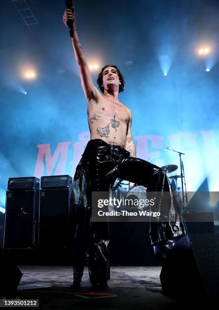 Damiano David of Måneskin performs on the Mojave stage during the 2022 Coachella Valley Music And Arts Festival on April 24, 2022 in Indio,...