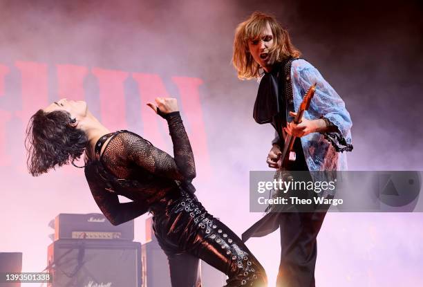 Damiano David and Thomas Raggi of Måneskin perform on the Mojave stage during the 2022 Coachella Valley Music And Arts Festival on April 24, 2022 in...