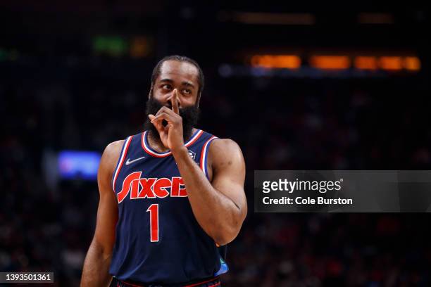 James Harden of the Philadelphia 76ers reacts in the first half of Game Three of the Eastern Conference First Round against the Toronto Raptors at...