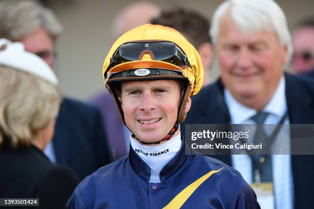 Jye McNeil after riding Tonneofgrit to wi Race 4, the Vera Deakin Lady White, during Anzac Day Race day at Flemington Racecourse on April 25, 2022 in...