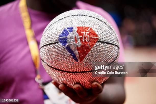The 75th Anniversary bedazzled NBA ball is seen ahead of game three of the Eastern Conference First Round game between the Toronto Raptors and the...