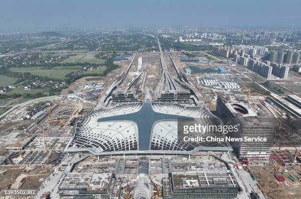 Aerial view of the construction site of photovoltaic power Hangzhou West Railway Station on April 24, 2022 in Hangzhou, Zhejiang Province of China....