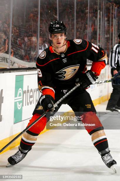Troy Terry of the Anaheim Ducks skates with the puck during the first period against the St. Louis Blues at Honda Center on April 24, 2022 in...