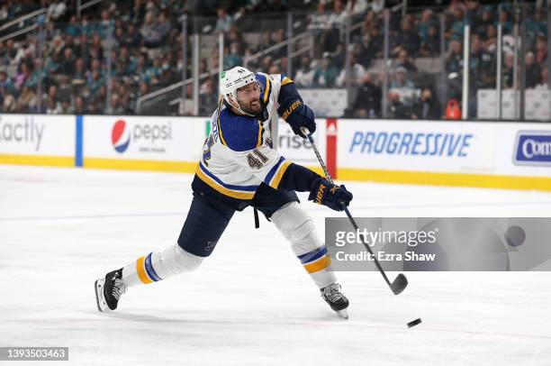 Robert Bortuzzo of the St. Louis Blues in action against the San Jose Sharks at SAP Center on April 21, 2022 in San Jose, California.