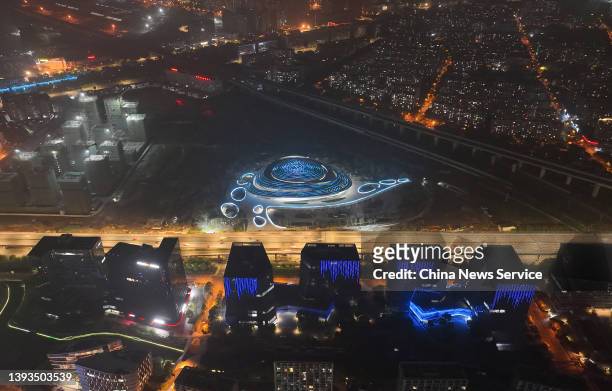 Aerial view of China Hangzhou Esports Center, a venue of the 19th Asian Games Hangzhou 2022, at night on April 24, 2022 in Hangzhou, Zhejiang...