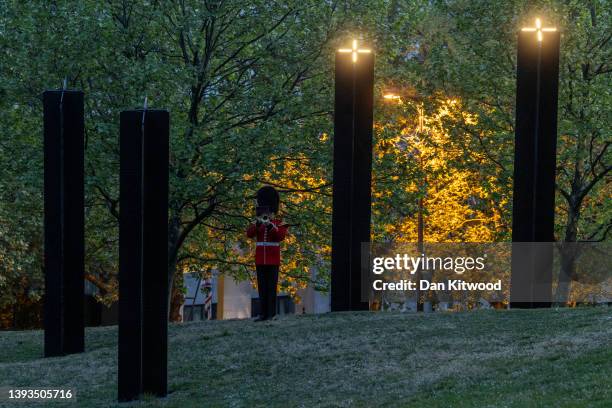 The last post is played to mark the end of dawn remembrance service to mark Anzac day at the New Zealand War Memorial on April 25, 2022 in London,...