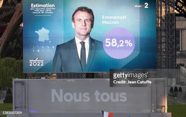 Emmanuel Macron's victory celebration at the Champ de Mars near the Eiffel Tower on April 24, 2022 in Paris, France. France's centrist incumbent...