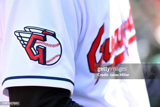 The new Cleveland Guardians logo on the uniform of Myles Straw of the Cleveland Guardians prior to game one of a doubleheader against the Chicago...