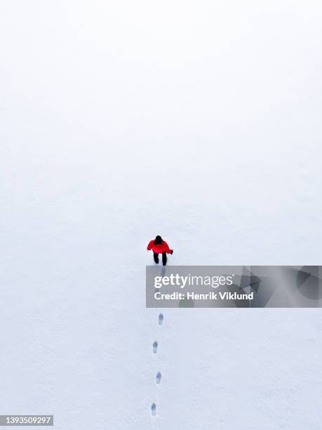 person walking through snow into the unknown - loneliness concept stock-fotos und bilder