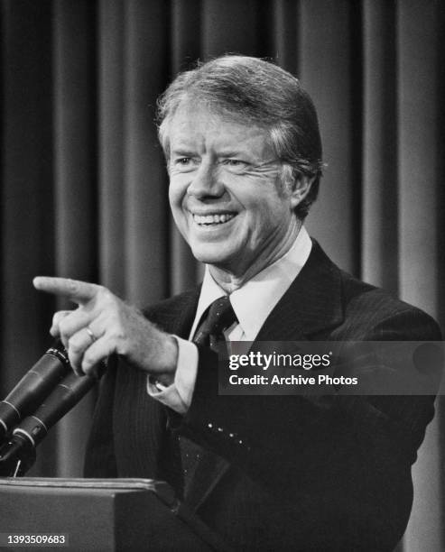 American politician Jimmy Carter, President of the United States, addresses his bi-monthly press conference at the White House in Washington DC, 29th...